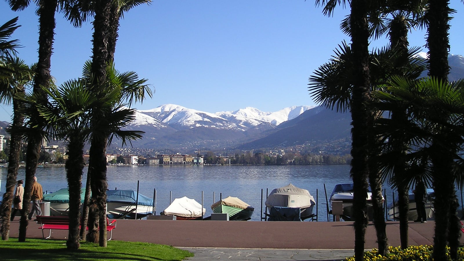 The Lugano lakefront with palms and snowy mountains