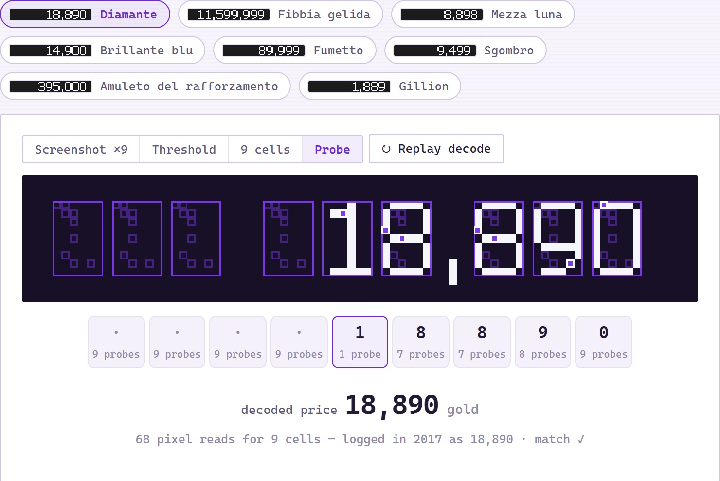 The pixel reader at work in the rebuilt demo: a real archived crop, magnified, with the probe pixels and per-cell decode overlaid