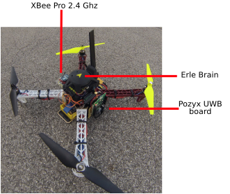 The Erle-Copter flown at the trials: Erle-Brain, XBee 2.4 GHz link and POZYX UWB board
