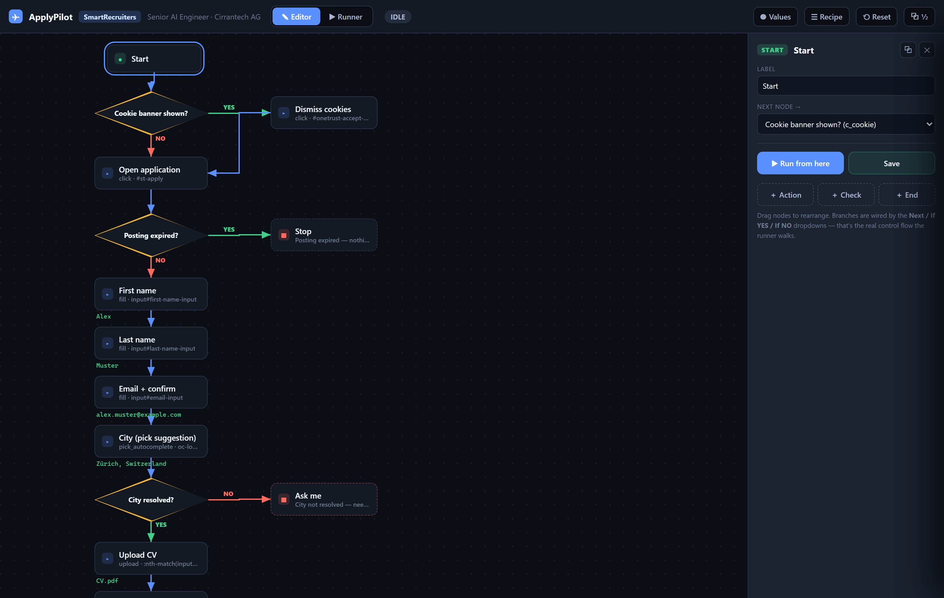 ApplyPilot's decision-tree editor — every form step is an explicit, inspectable node