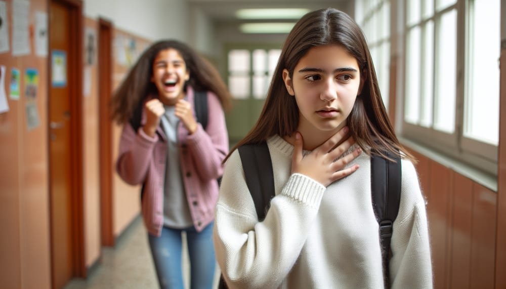 A generated image: a student alone in a school corridor, visibly shaken, as another laughs behind her