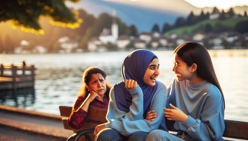 A generated image: two friends laughing together on a lakeside bench while a passer-by looks on