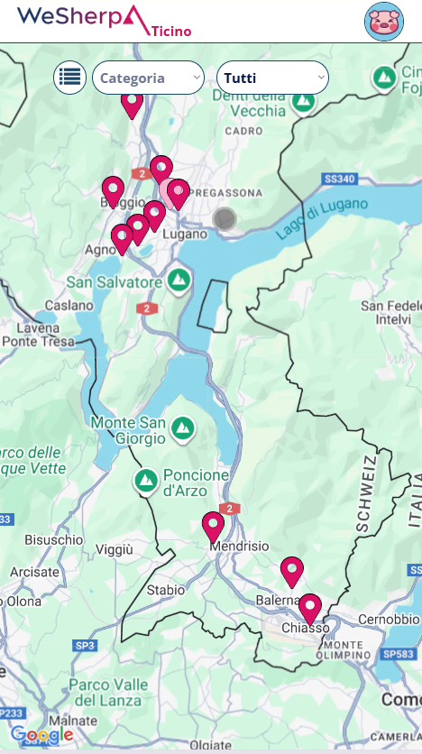 The WeSherpa map of Ticino with magenta pins on partner shops from Bellinzona down to Chiasso, with 'Categoria' and 'Tutti' filters at the top