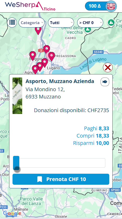 A shop card on the map: Asporto in Muzzano, CHF 2735 available, showing Paghi 8,33 / Compri 18,33 / Risparmi 10,00 (pay 8.33, buy 18.33, save 10), and a 'Prenota CHF 10' reserve button